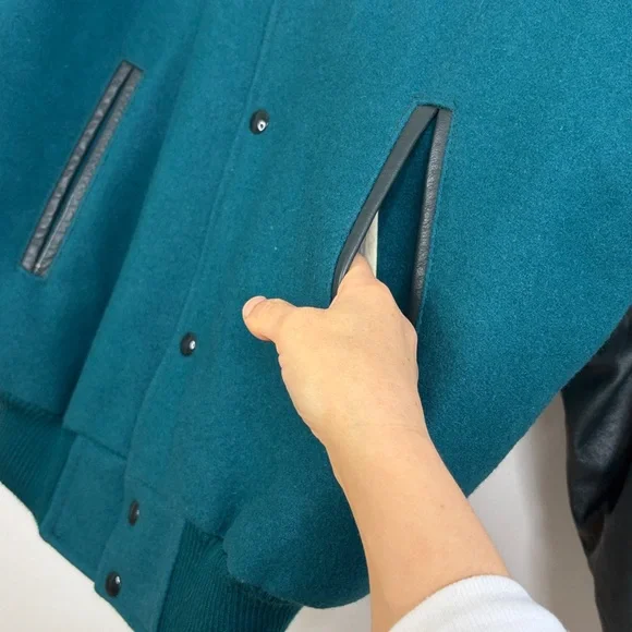 Vintage Varsity Jacket Mens Large Green Blue Wool Black Leather SPCA Dog Lover - Picture 9 of 16